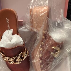 Lisa Vicky Brown Mules with Gold Chain Accent